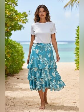 Banana Republic Blue White Floral Print Tiered Midi Skirt 100% Silk Size 6